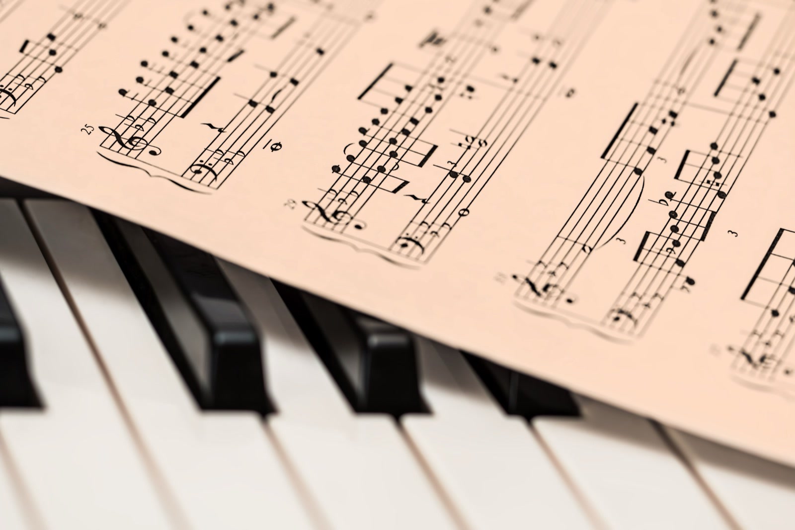 A sheet of piano music lying across the black and white keys of a piano